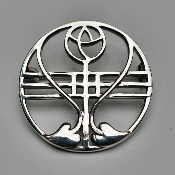 Vintage Sterling Silver Mackintosh Rose Art Nouveau Round Brooch
