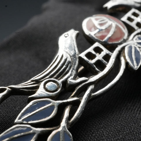 Vintage Pure Silver Enamel Brooch: Mackintosh Rose and Pair of Birds