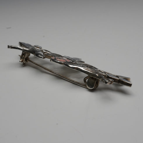 Vintage Pure Silver Enamel Brooch: Mackintosh Rose and Pair of Birds