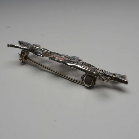 老式純銀琺瑯胸針 麥金塔玫瑰與一雙鳥兒