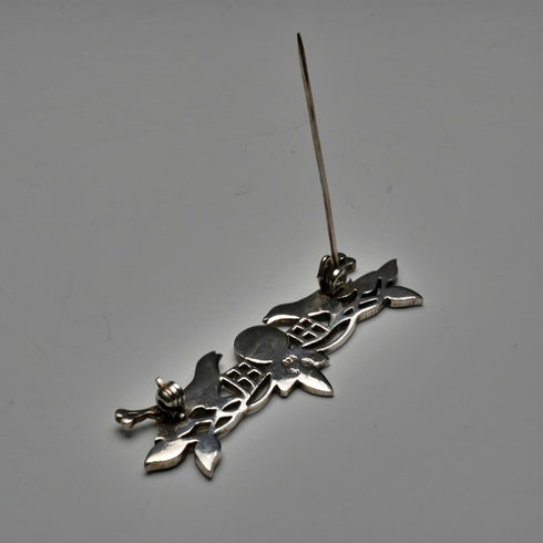 Vintage Pure Silver Enamel Brooch: Mackintosh Rose and Pair of Birds