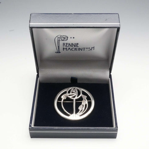 Vintage Solid Silver Mackintosh Rose Art Nouveau Round Brooch with Case