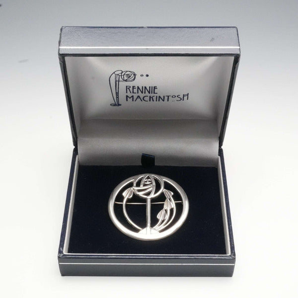 Vintage Solid Silver Mackintosh Rose Art Nouveau Round Brooch with Case
