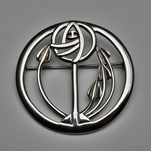 Vintage Solid Silver Mackintosh Rose Art Nouveau Round Brooch with Case