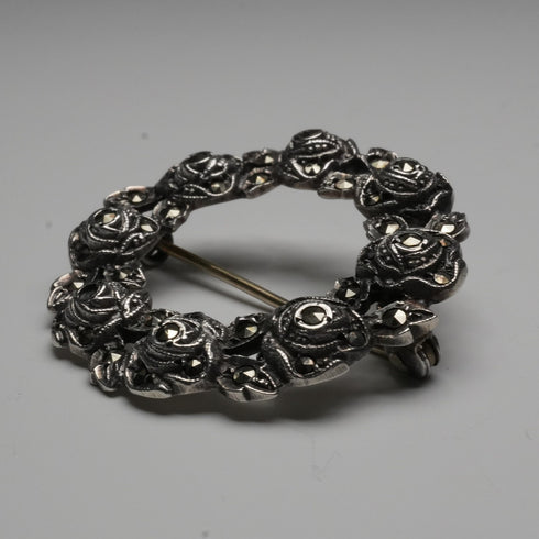 British Vintage Sterling Silver & Marcasite Rose Wreath Brooch by Thomas Mott