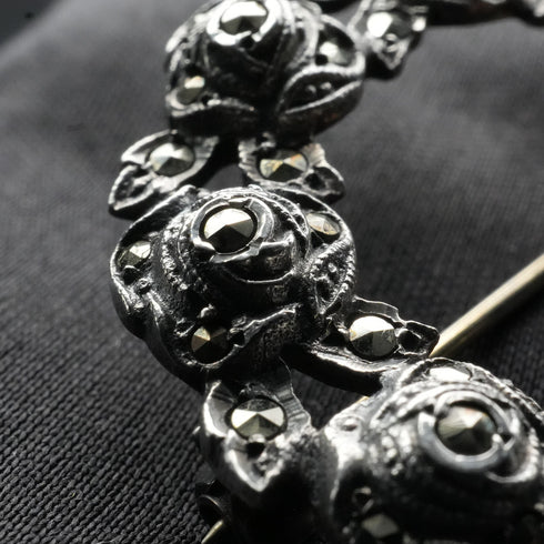 British Vintage Sterling Silver & Marcasite Rose Wreath Brooch by Thomas Mott