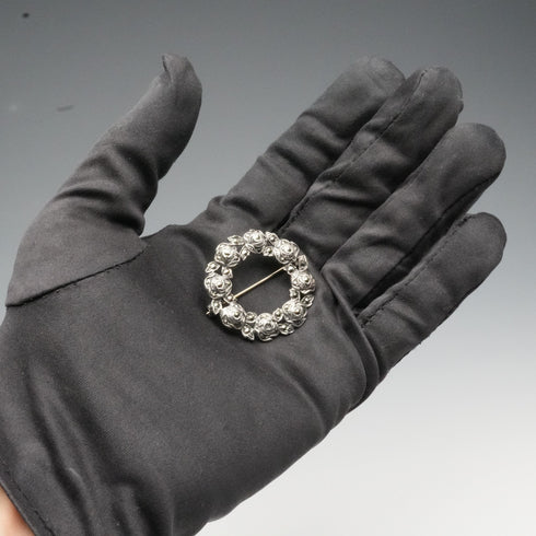 British Vintage Sterling Silver & Marcasite Rose Wreath Brooch by Thomas Mott