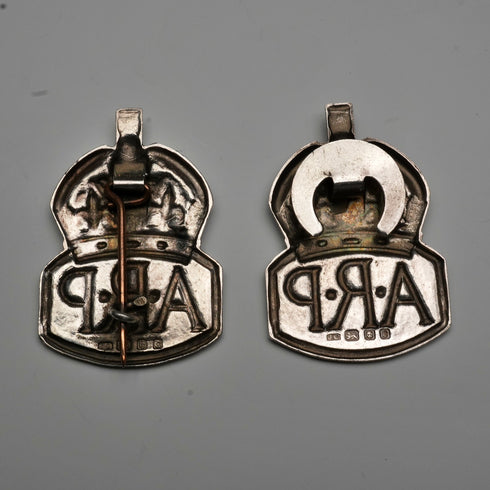 1938 British Vintage Sterling Silver ARP Warden Badge Pair by Royal Mint