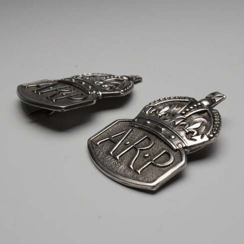1938 British Vintage Sterling Silver ARP Warden Badge Pair by Royal Mint