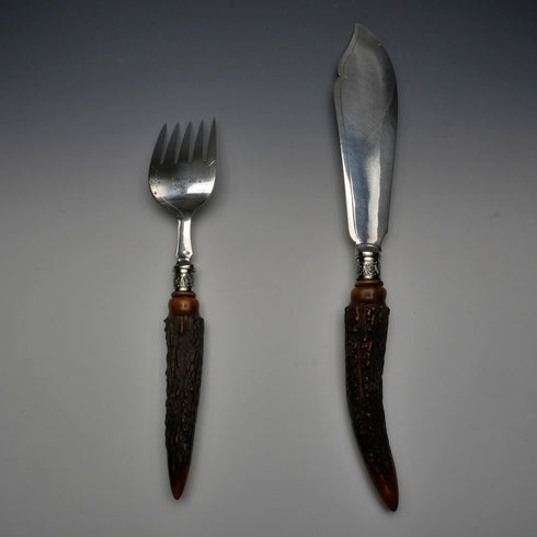 Circa 1898 UK Antique Antler Handle Fish Server Set by R.F. Mosley & Sons