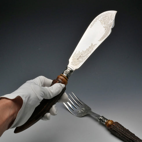 Circa 1898 UK Antique Antler Handle Fish Server Set by R.F. Mosley & Sons