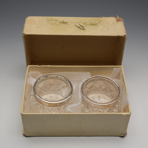 1916 English Antique Sterling Silver Mounted Cut Glass Salt Dishes Pair by James Deakin&Sons