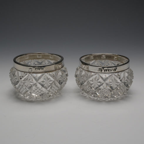 1916 English Antique Sterling Silver Mounted Cut Glass Salt Dishes Pair by James Deakin&Sons