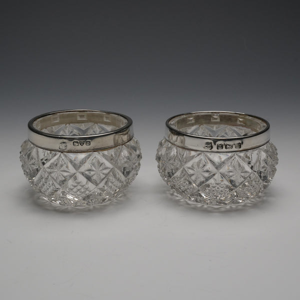 1916年 英國古董 純銀裝飾 切割玻璃鹽罐對組 James Deakin&Sons