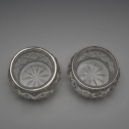1916 English Antique Sterling Silver Mounted Cut Glass Salt Dishes Pair by James Deakin&Sons