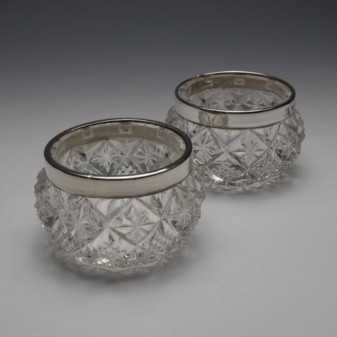1916 English Antique Sterling Silver Mounted Cut Glass Salt Dishes Pair by James Deakin&Sons