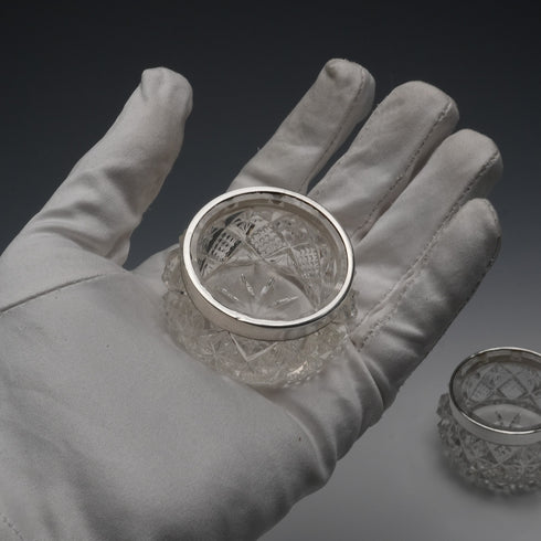 1916 English Antique Sterling Silver Mounted Cut Glass Salt Dishes Pair by James Deakin&Sons