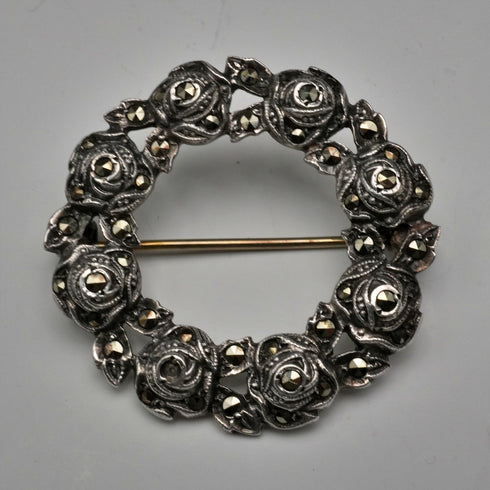 British Vintage Sterling Silver & Marcasite Rose Wreath Brooch by Thomas Mott