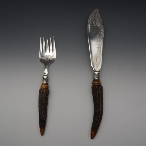 Circa 1898 UK Antique Antler Handle Fish Server Set by R.F. Mosley & Sons