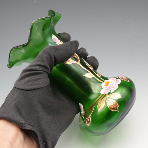英國復古維多利亞風格琺瑯彩繪綠色玻璃花瓶