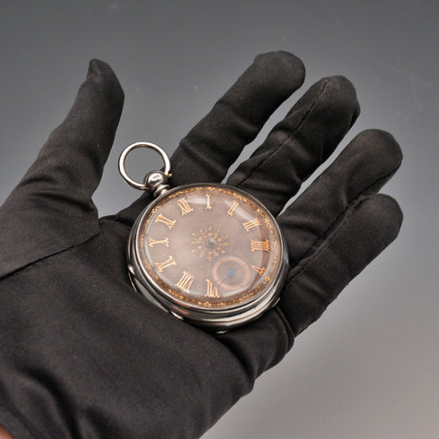 1880年 英國古董 裝飾錶盤 鑰匙上鍊 銀殼懷錶 可動 無指針(壞件)