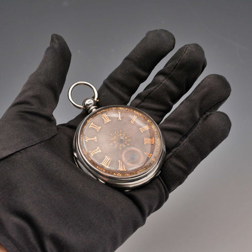 1880 British Antique Ornate Dial Key-Wind Silver Pocket Watch Working (No Hands - Junk)