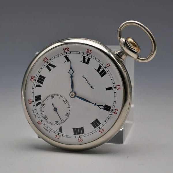 Circa 1916 Antique Longines Pocket Watch, Slim Silver-Plated Case, Good Working Order