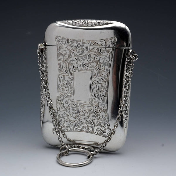 1916 English Antique Sterling Silver Card Case with Chain 71g Edwin Joseph Houlston