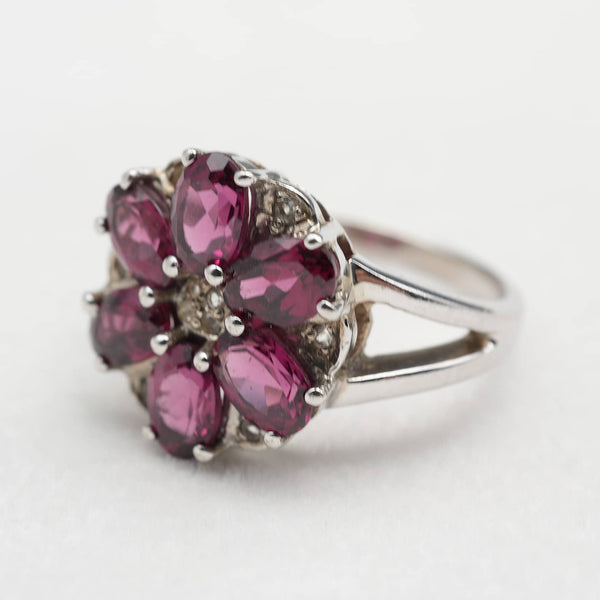 UK Vintage Pink Garnet Floral Sterling Silver Ring (US Size 9.5)