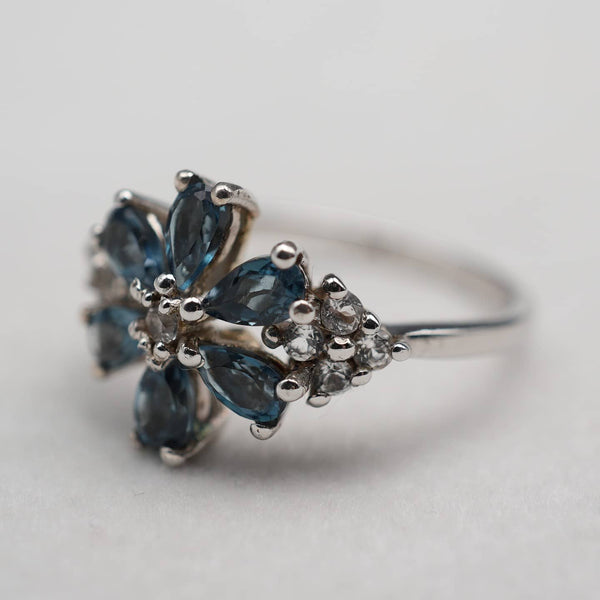 UK Vintage Blue Topaz Floral Sterling Silver Ring (US Size 9)