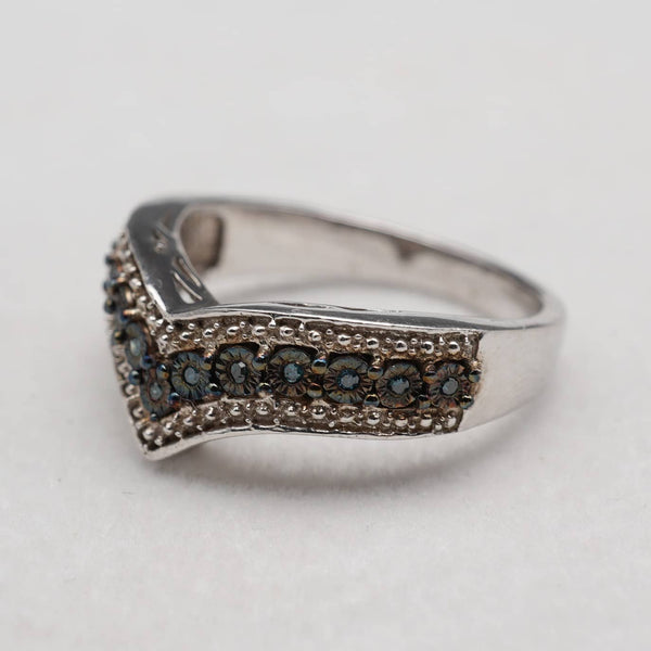 UK Vintage Blue Diamond Wishbone-shaped Sterling Silver Ring (US Size 8)