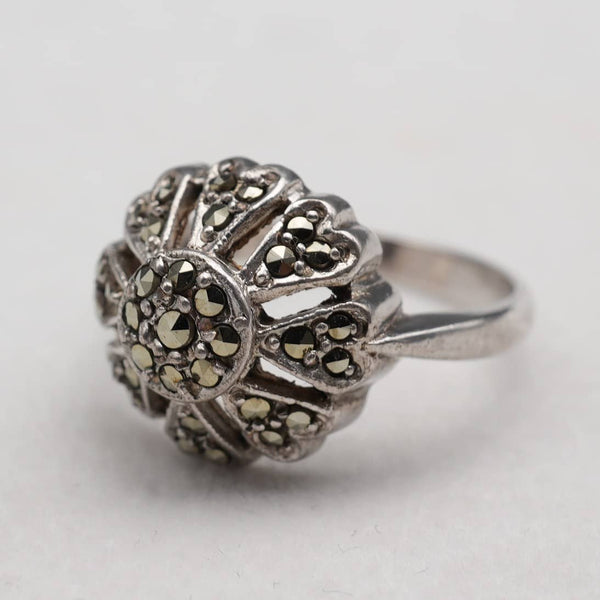 Vintage Dome Floral Marcasite Sterling Silver Ring (Size 15)