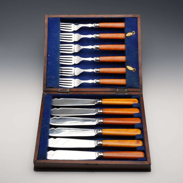British Antique Agate-Style Resin Handle Cutlery Set, 6 Pairs, Frank Cobb, Cased