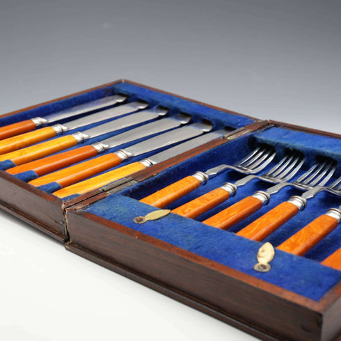 British Antique Agate-Style Resin Handle Cutlery Set, 6 Pairs, Frank Cobb, Cased