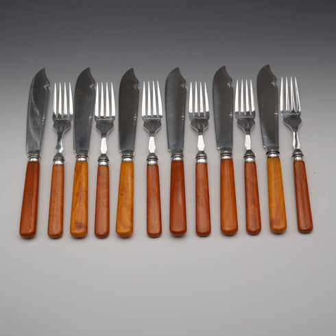 British Antique Agate-Style Resin Handle Cutlery Set, 6 Pairs, Frank Cobb, Cased