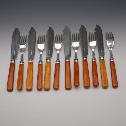 British Antique Agate-Style Resin Handle Cutlery Set, 6 Pairs, Frank Cobb, Cased