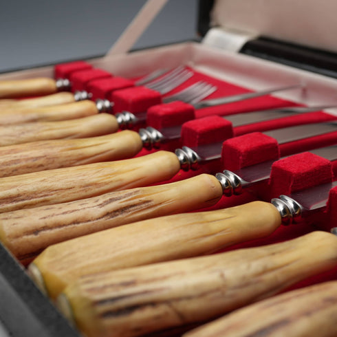 UK Vintage Antler Handle Steak Cutlery Set, 6 Pairs, Excalibur, Cased