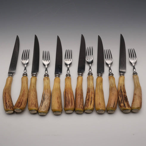 UK Vintage Antler Handle Steak Cutlery Set, 6 Pairs, Excalibur, Cased