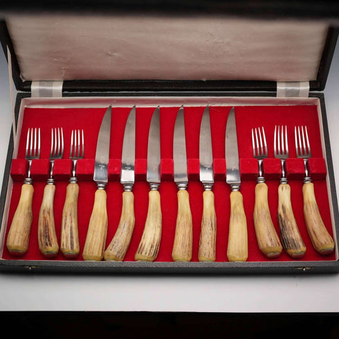 UK Vintage Antler Handle Steak Cutlery Set, 6 Pairs, Excalibur, Cased