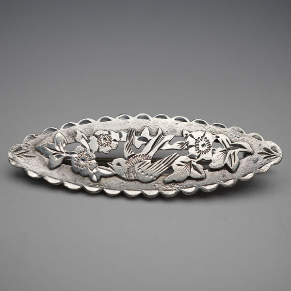 1914 British Antique Sterling Silver Brooch, Japonisme Bird Design, 2.3g, Joseph Richard