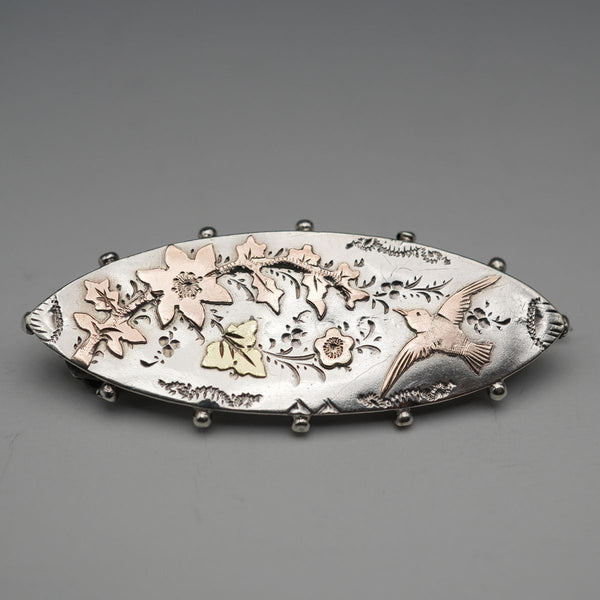 1895 Antique British Sterling Silver Brooch, Japonisme, Bird Design, 3.6g, Richard John Wakefield