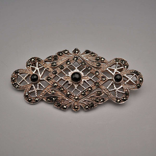 Vintage Black Onyx & Marcasite Sterling Silver Large Brooch 12.1g