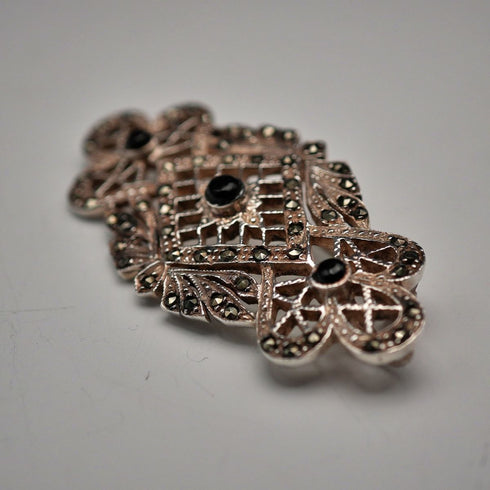 Vintage Black Onyx & Marcasite Sterling Silver Large Brooch 12.1g