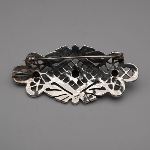 Vintage Black Onyx & Marcasite Sterling Silver Large Brooch 12.1g