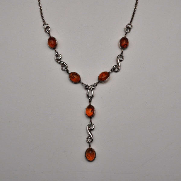Vintage Sterling Silver & Amber Y-Drop Necklace 48cm 9g