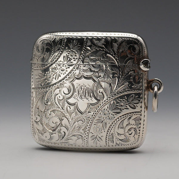 1901 British Antique Sterling Silver Curved Vesta Case for Left-Handed Users 38g Hilliard & Thomason