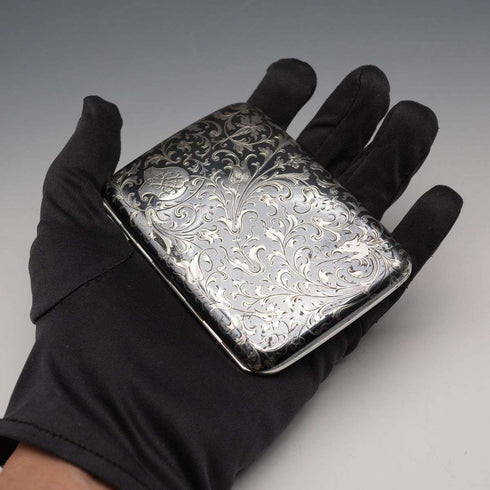 c. 1898 Antique Austrian 900 Silver Niello Inlaid Cigarette Case 124g