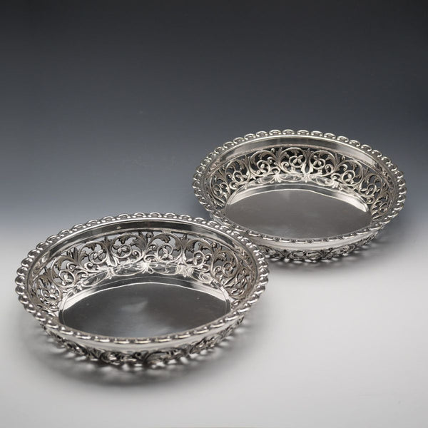 Pair of Antique English Silver Plate Pierced Round Dishes by Mappin Brothers