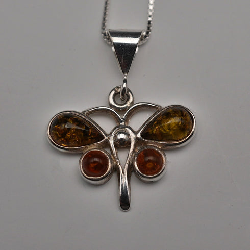 Vintage Sterling Silver & Amber Butterfly Pendant with Sterling Silver Chain