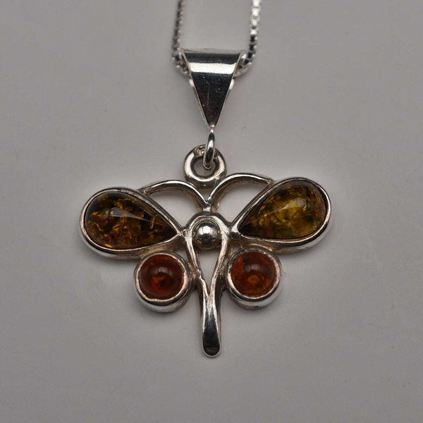 Vintage Sterling Silver & Amber Butterfly Pendant with Sterling Silver Chain